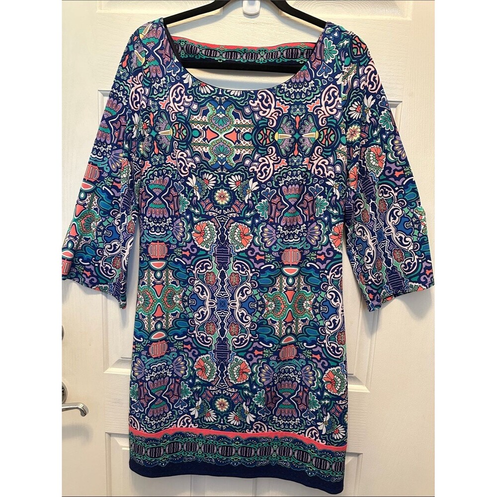 Vibrant Blue Multi-Print Shift Dress Size Small 3/4 Sleeve